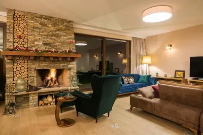 a living room with a fireplace and a couch at Luxury Chalet & Spa Tia Maria with Private SPA in Bansko