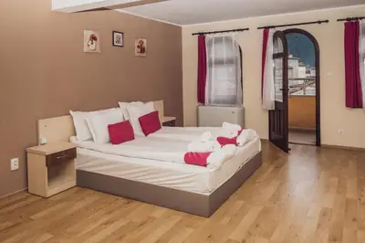 a bedroom with a large white bed with red pillows at Sky Garden House in Velingrad