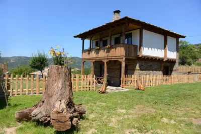 a house in a field with a tree stump at Dream house in Leshten