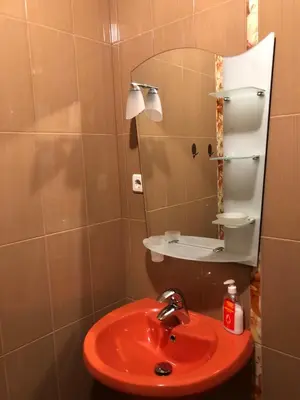 a bathroom with a red sink and a mirror at Rakovski Apartment GN / FREE GARAGE in Sofia