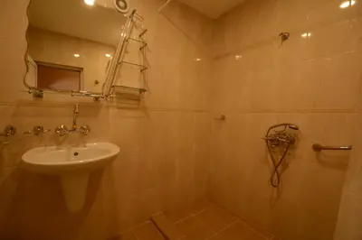 a bathroom with a sink and a shower with a mirror at Park Hotel Ribaritsa in Ribarica