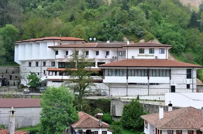 a group of buildings in a village with trees at Hotel Melnik Хотел Мелник in Melnik