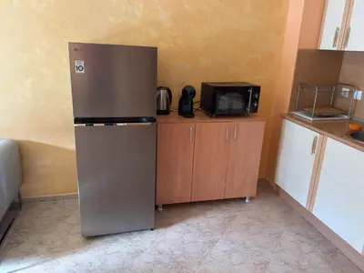 a stainless steel refrigerator in a kitchen with a microwave at Apartment 24 in Pamporovo