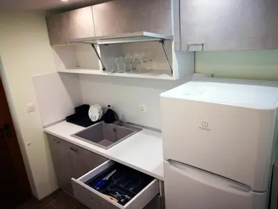 a small kitchen with a sink and a refrigerator at Kamenitza Guest Flat in Plovdiv