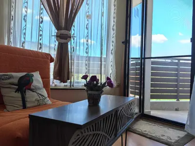 a living room with a couch and a table with flowers on it at Elza Apartment in Pamporovo