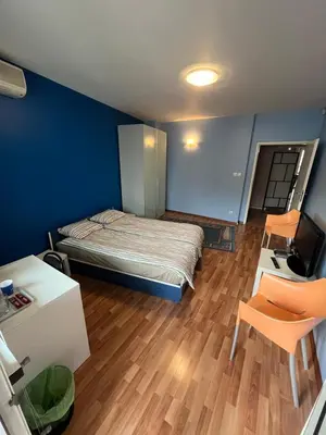 a bedroom with a bed and a desk and a chair at blue room in Sofia