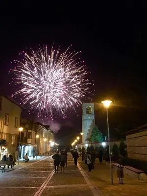 a crowd of people walking down a street with fireworks at Koko's apartments in Bansko
