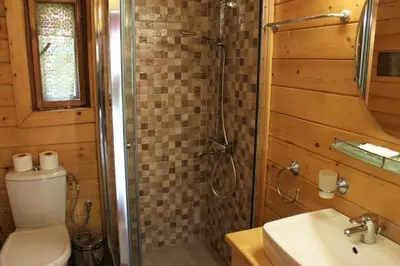 a bathroom with a shower and a toilet and a sink at Alpine ski chalet Borovets with sauna in Borovets