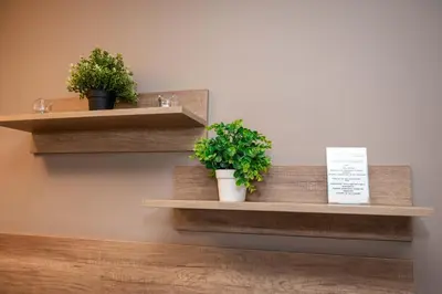 two potted plants on wooden shelves on a wall at All Seasons Apartments Iglika 2 in Borovets
