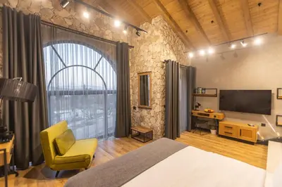 a bedroom with a bed and a television and a chair at Villa Sintica in Sandanski