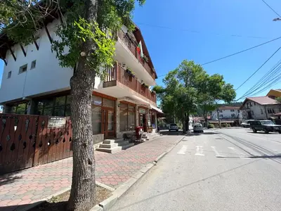 a tree on a sidewalk next to a building at Guest house Legeto in Samokov