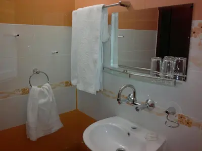 a bathroom with a sink and a mirror at Family Hotel Marsina in Sofia