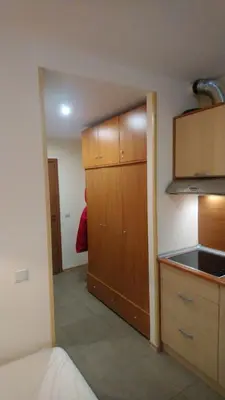 a kitchen with wooden cabinets and a counter top at Studio Villa Park 119 in Borovets