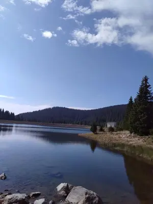 a large body of water with trees in the background at Пампорово апартамент,студио Милка 17,в х Росица, за ски и туризъм,целогодишно in Pamporovo