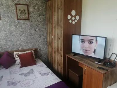 a bedroom with a bed and a flat screen tv at Пампорово апартамент,студио Милка 17,в х Росица, за ски и туризъм,целогодишно in Pamporovo