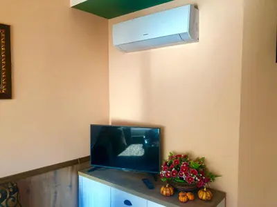 a living room with a tv and a ceiling fan at Sofia centre in Sofia