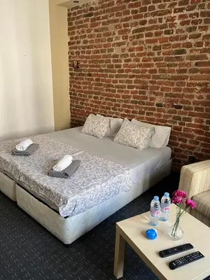 a bedroom with a bed and a brick wall at Vel House in Plovdiv
