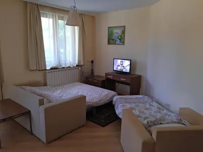 a small room with two beds and a television at Borovets Apartment, Villa Park in Borovets