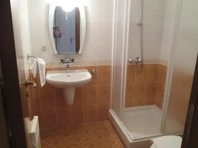 a bathroom with a sink and a shower at MD Alexander Services Apartments in Bansko