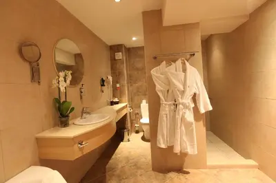 a bathroom with a sink and a toilet and a mirror at Belchin Garden SPA&Wellness in Belchin