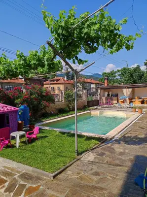 a swimming pool in a yard with pink chairs and a tree at Family Hotel Velevi in Velingrad