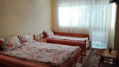 a bedroom with two beds and a window at Family Hotel Velevi in Velingrad