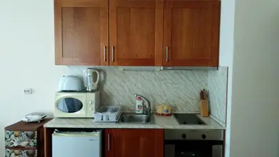a kitchen with wooden cabinets and a sink and a microwave at Ski Apartment D50 Cedar Lodge 4 in Bansko