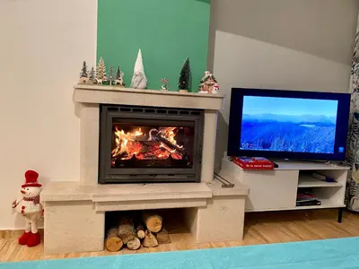 a fireplace with a television in a living room at Aparthotel - Monastery 3, 1 Bedroom Apartment in Pamporovo