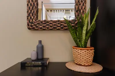 a plant in a vase on a table with a mirror at cО́coEllie - Aesthetic 2BD Apt Near National Palace by Flat Mаnager in Sofia