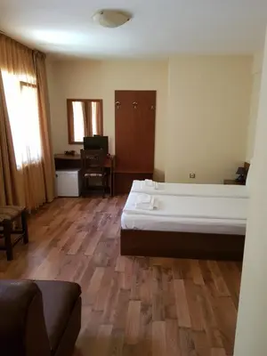 a room with a bed and a desk and a couch at Family Hotel Fedora in Ribarica