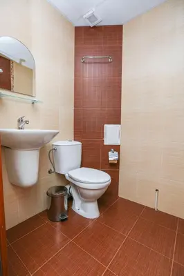 a bathroom with a toilet and a sink at Къща за гости 