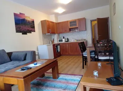 a living room with a couch and a table at Pine Tree Apartment 3 - B3 in Bansko