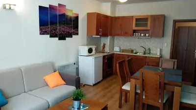 a living room and kitchen with a couch and a table at Pine Tree Apartment 3 - B3 in Bansko