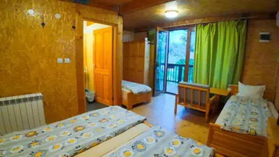 a bedroom with two beds and a window with green curtains at Debeli Dab in Stara Kresna