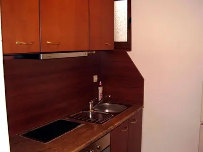 a kitchen with a sink and wooden cabinets at Guesthouse Kiritsovi in Bansko