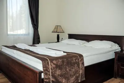 a bedroom with a large bed with white sheets at СТАИ ЗА ГОСТИ в КЪЩА КАМЕЛИЯ in Pamporovo