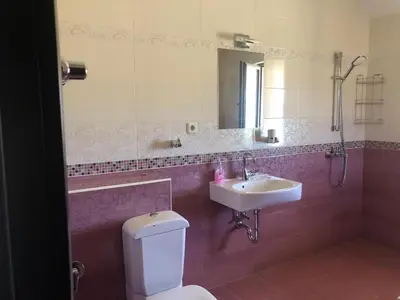 a bathroom with a white toilet and a sink at VILLA RELAX in Tsigov Chark