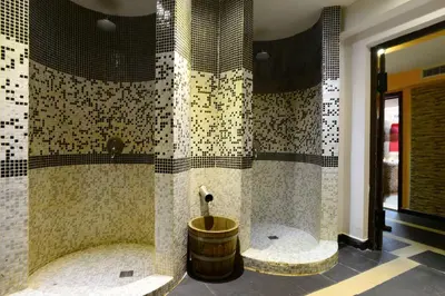 a bathroom with a shower with a barrel and a tub at Hotel Mursalitsa by HMG - Half board in Pamporovo