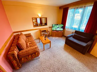 a living room with a couch and a chair and a television at Family Hotel Savov in Chepelare