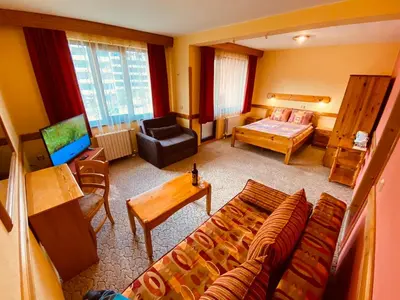 a living room with a couch and a television at Family Hotel Savov in Chepelare