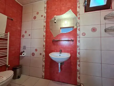 a bathroom with a sink and a mirror at Vila Kalvachevi in Tsigov Chark