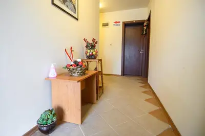 a hallway with a table and some plants and a door at Hotel Saint Nicola in Banya