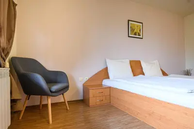 a bedroom with a bed and a chair in it at Hotel Saint Nicola in Banya