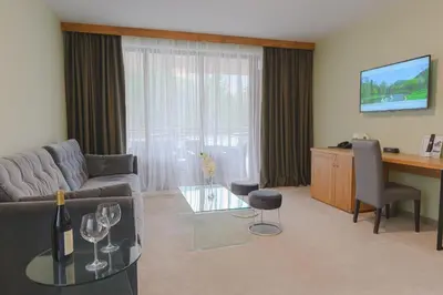 a living room with a couch and a table with wine glasses at Spa Hotel Orbita in Blagoevgrad