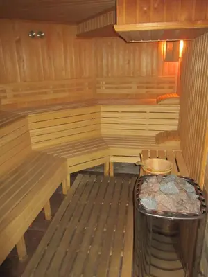 a sauna with benches and a trash can in it at Хотел Магнолия, Hotel Magnoliya in Panichishte
