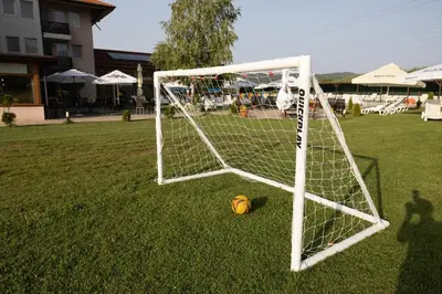 a soccer ball is sitting in front of a goal at Thermal Hotel Seven Seasons in Banya