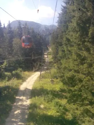 a red train traveling down a track with trees at Guesthouse Elizabeth in Samokov