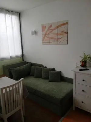 a living room with a green couch and a table at Студио Бижу in Hisarya