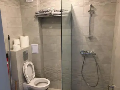 a bathroom with a shower and a toilet with a glass door at ApartVel apartment 1 in Velingrad