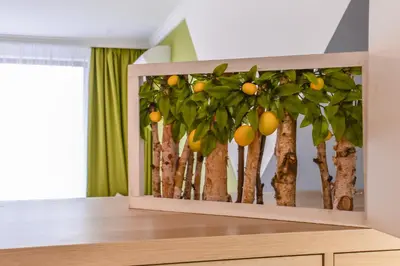 a wooden cabinet with a tree with oranges on it at The Spot - fully equipped, central, modern studio by Flat Mаnager in Sofia
